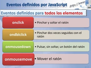 Eventos definidos para todos los elementos
• Pinchar y soltar el ratónonclick
• Pinchar dos veces seguidas con el
ratónondblclick
• Pulsar, sin soltar, un botón del ratónonmousedown
• Mover el ratónonmousemove
 