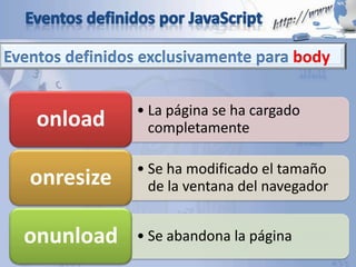 • La página se ha cargado
completamenteonload
• Se ha modificado el tamaño
de la ventana del navegadoronresize
• Se abandona la páginaonunload
Eventos definidos exclusivamente para body
 