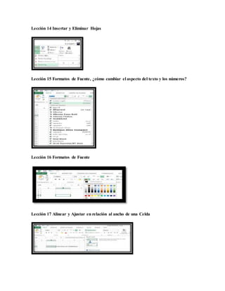 Lección 14 Insertar y Eliminar Hojas
Lección 15 Formatos de Fuente, ¿cómo cambiar el aspecto del texto y los números?
Lección 16 Formatos de Fuente
Lección 17 Alinear y Ajustar en relación al ancho de una Celda
 