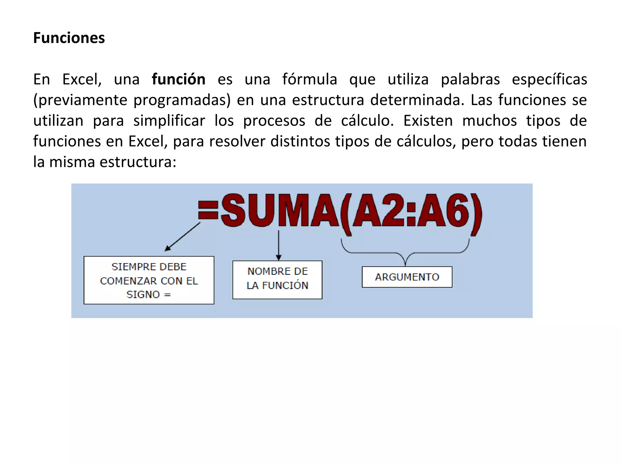 Funciones
En Excel, una función es una fórmula que utiliza palabras específicas
(previamente programadas) en una estructura determinada. Las funciones se
utilizan para simplificar los procesos de cálculo. Existen muchos tipos de
funciones en Excel, para resolver distintos tipos de cálculos, pero todas tienen
la misma estructura:

 