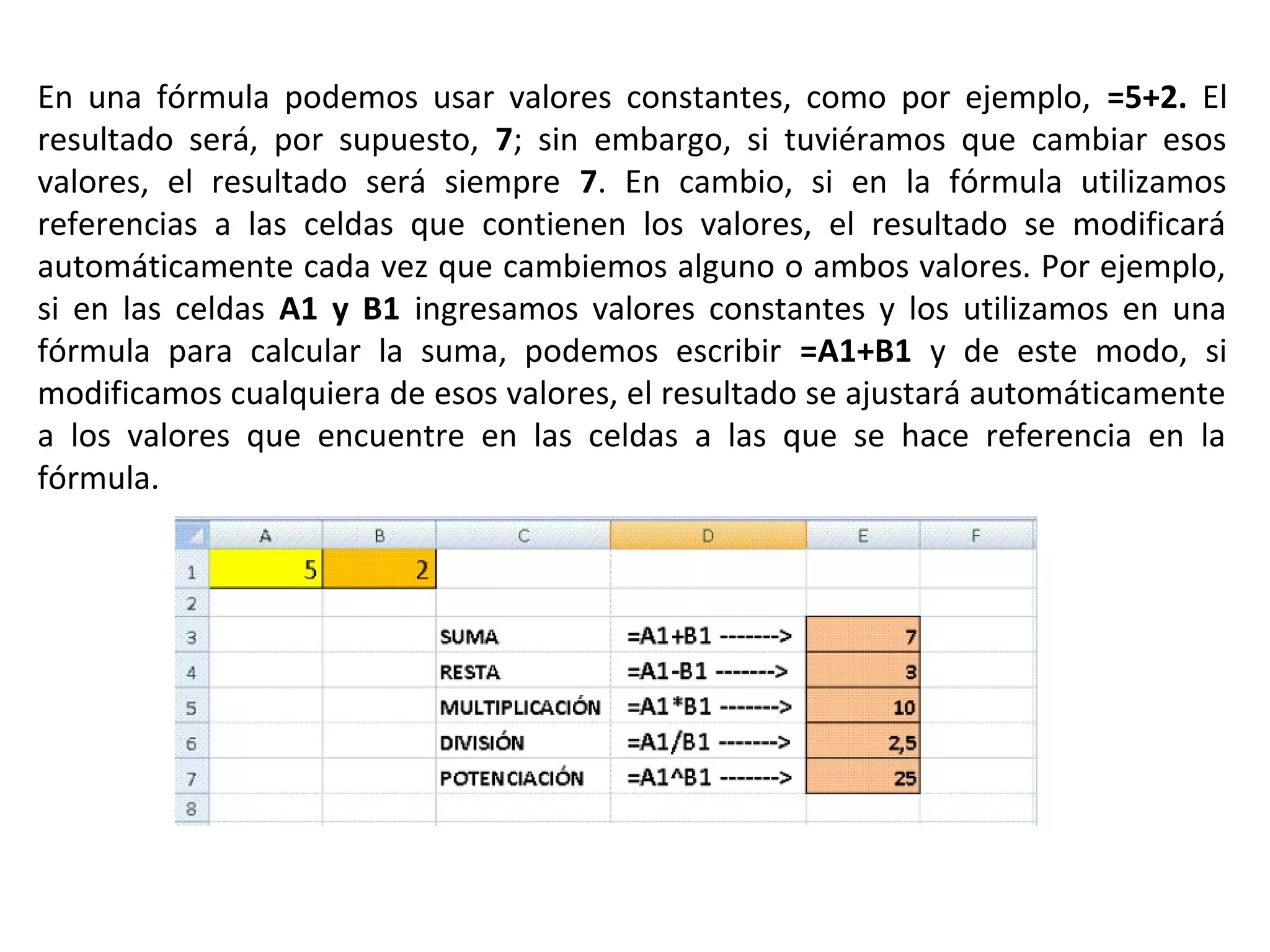 En una fórmula podemos usar valores constantes, como por ejemplo, =5+2. El
resultado será, por supuesto, 7; sin embargo, si tuviéramos que cambiar esos
valores, el resultado será siempre 7. En cambio, si en la fórmula utilizamos
referencias a las celdas que contienen los valores, el resultado se modificará
automáticamente cada vez que cambiemos alguno o ambos valores. Por ejemplo,
si en las celdas A1 y B1 ingresamos valores constantes y los utilizamos en una
fórmula para calcular la suma, podemos escribir =A1+B1 y de este modo, si
modificamos cualquiera de esos valores, el resultado se ajustará automáticamente
a los valores que encuentre en las celdas a las que se hace referencia en la
fórmula.

 
