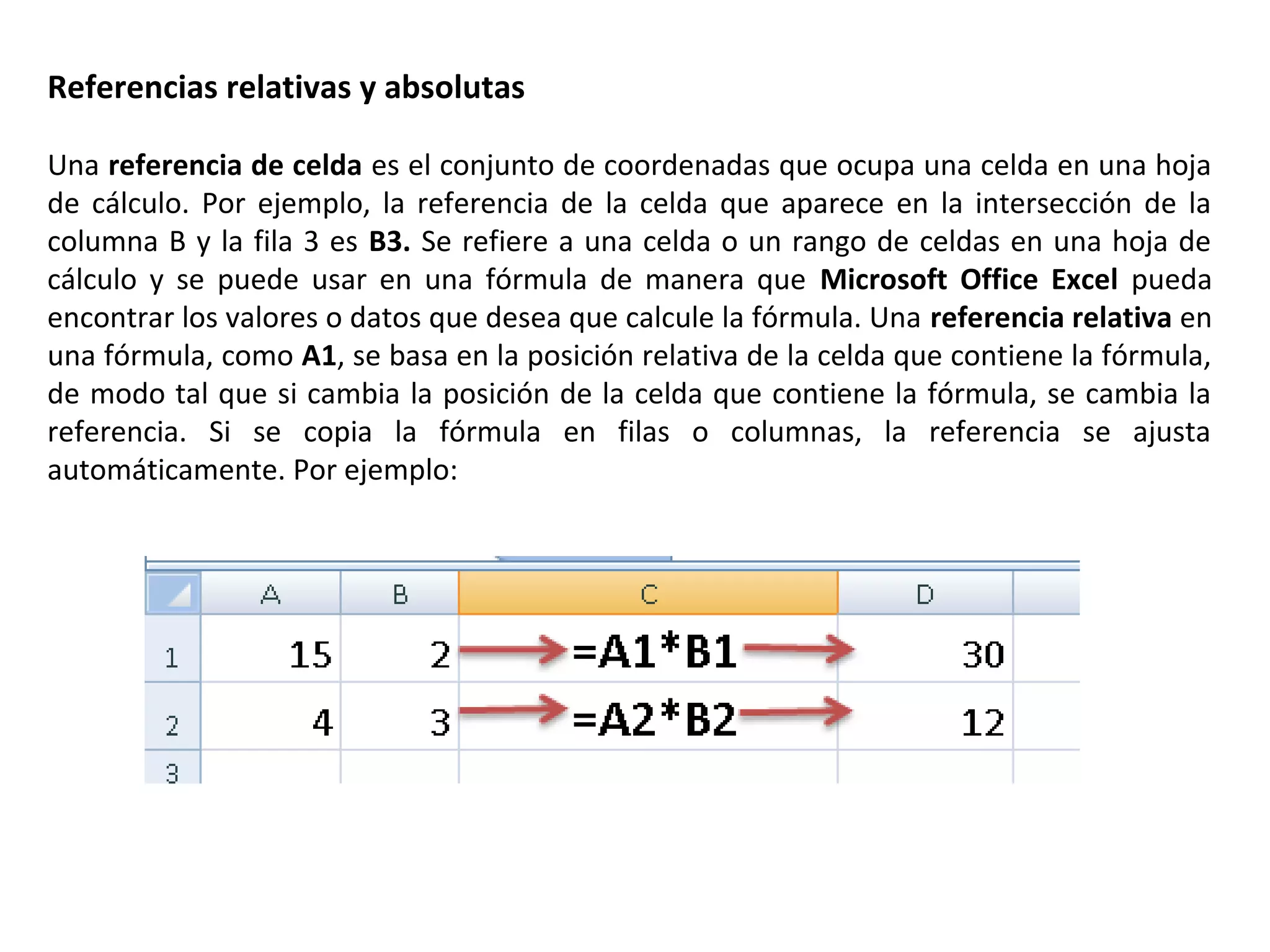 Referencias relativas y absolutas
Una referencia de celda es el conjunto de coordenadas que ocupa una celda en una hoja
de cálculo. Por ejemplo, la referencia de la celda que aparece en la intersección de la
columna B y la fila 3 es B3. Se refiere a una celda o un rango de celdas en una hoja de
cálculo y se puede usar en una fórmula de manera que Microsoft Office Excel pueda
encontrar los valores o datos que desea que calcule la fórmula. Una referencia relativa en
una fórmula, como A1, se basa en la posición relativa de la celda que contiene la fórmula,
de modo tal que si cambia la posición de la celda que contiene la fórmula, se cambia la
referencia. Si se copia la fórmula en filas o columnas, la referencia se ajusta
automáticamente. Por ejemplo:

 