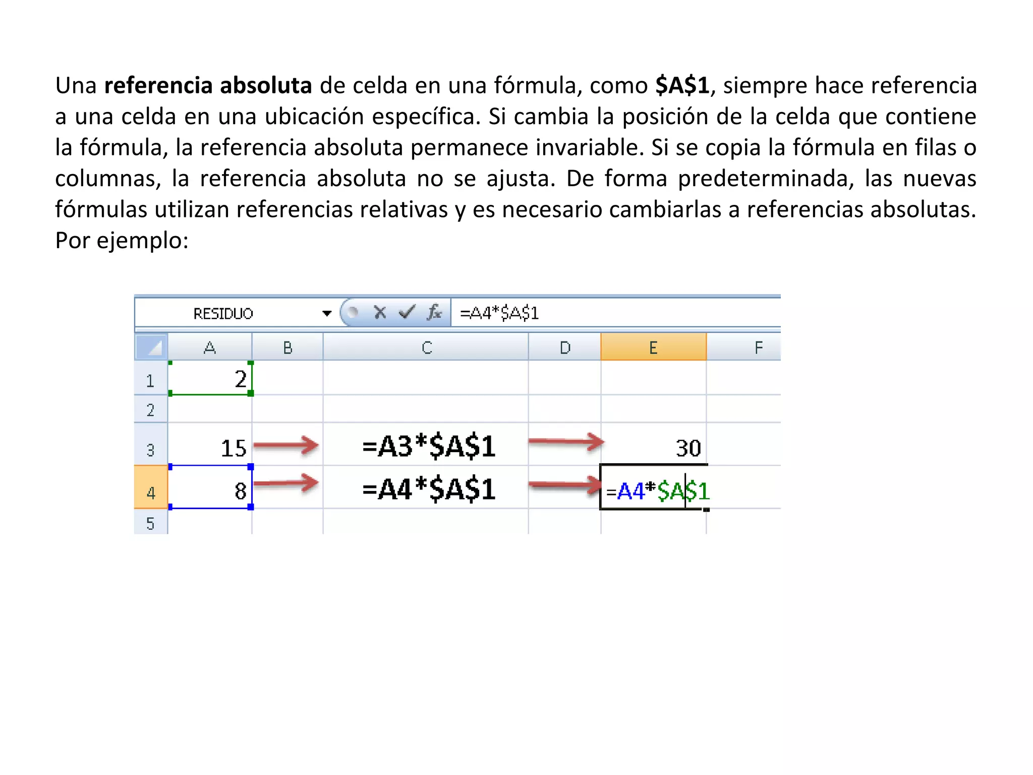 Una referencia absoluta de celda en una fórmula, como $A$1, siempre hace referencia
a una celda en una ubicación específica. Si cambia la posición de la celda que contiene
la fórmula, la referencia absoluta permanece invariable. Si se copia la fórmula en filas o
columnas, la referencia absoluta no se ajusta. De forma predeterminada, las nuevas
fórmulas utilizan referencias relativas y es necesario cambiarlas a referencias absolutas.
Por ejemplo:

 