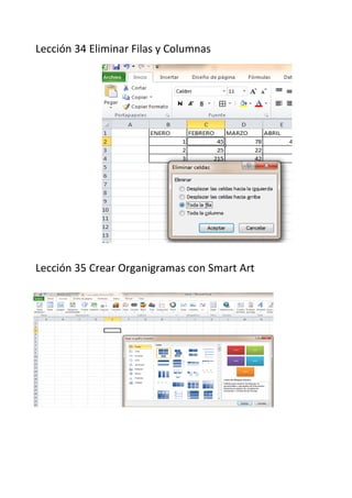 Lección 34 Eliminar Filas y Columnas
Lección 35 Crear Organigramas con Smart Art
 