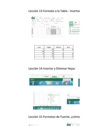 Lección 13 Formato a la Tabla - Insertar Columnas
Lección 14 Insertar y Eliminar Hojas
Lección 15 Formatos de Fuente, ¿cómo cambiar el a
 