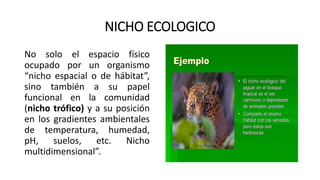 NICHO ECOLOGICO
No solo el espacio físico
ocupado por un organismo
“nicho espacial o de hábitat”,
sino también a su papel
funcional en la comunidad
(nicho trófico) y a su posición
en los gradientes ambientales
de temperatura, humedad,
pH, suelos, etc. Nicho
multidimensional”.
 