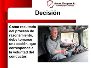 Decisión

Como resultado
del proceso de
razonamiento,
debe tomarse
una acción, que
corresponde a
la voluntad del
conductor.
 