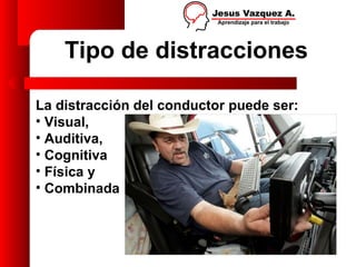 Tipo de distracciones

La distracción del conductor puede ser:
• Visual,
• Auditiva,
• Cognitiva
• Física y
• Combinada
 