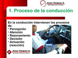 1. Proceso de la conducción

En la conducción intervienen los procesos
de:
• Percepción
• Atención
• Razonamiento
• Decisión
• Actuación
  (reacción)
 