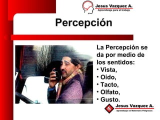 Percepción

       La Percepción se
       da por medio de
       los sentidos:
       • Vista,
       • Oído,
       • Tacto,
       • Olfato,
       • Gusto.
 