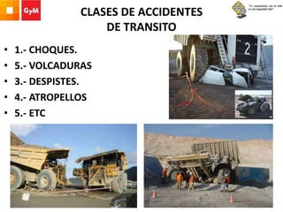 CLASES DE ACCIDENTES
DE TRANSITO
• 1.- CHOQUES.
• 5.- VOLCADURAS
• 3.- DESPISTES.
• 4.- ATROPELLOS
• 5.- ETC
 