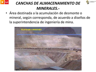 CANCHAS DE ALMACENAMIENTO DE
MINERALES.-
• Área destinada a la acumulación de desmonte o
mineral, según corresponda, de acuerdo a diseños de
la superintendencia de ingeniería de mina.
 
