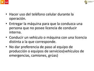 • Hacer uso del teléfono celular durante la
operación.
• Entregar la máquina para que la conduzca una
persona que no posee licencia de conducir
interna.
• Conducir un vehículo o máquina con una licencia
distinta a la que corresponde.
• No dar preferencia de paso al equipo de
producción o equipos de servicios(vehículos de
emergencias, camiones, grúas)
 