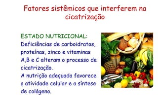 Fatores sistêmicos que interferem na
cicatrização
ESTADO NUTRICIONAL:
Deficiências de carboidratos,
proteínas, zinco e vitaminas
A,B e C alteram o processo de
cicatrização.
A nutrição adequada favorece
a atividade celular e a síntese
de colágeno.
 