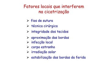  fios de sutura
Fatores locais que interferem
na cicatrização
 técnica cirúrgica
 integridade dos tecidos
 aproximação das bordas
 infecção local
 corpo estranho
 irradiação solar
 estabilização das bordas da ferida
 