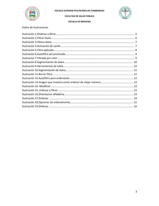 ESCUELA SUPERIOR POLITECNICA DE CHIMBORAZO
FACULTAD DE SALUD PÚBLICA
ESCUELA DE MEDICINA

Índice de Ilustraciones
Ilustración 1.Ordenar y filtrar.............................................................................................................. 5
Ilustración 2.Filtrar texto ..................................................................................................................... 6
Ilustración 3.Filtara datos.................................................................................................................... 7
Ilustración 4.Activación de casilla ....................................................................................................... 7
Ilustración 5.Filtro aplicado ................................................................................................................. 8
Ilustración 6.Autofiltro personalizado................................................................................................. 9
Ilustración 7.Filtrado por color ............................................................................................................ 9
Ilustración 8.Segmentación de datos ................................................................................................ 10
Ilustración 9.Herramientas de tabla.................................................................................................. 10
Ilustración 10.Segmentación de datos .............................................................................................. 11
Ilustración 11.Borrar filtro................................................................................................................. 11
Ilustración 12.Autofiltro para ordenación......................................................................................... 12
Ilustración 13.Imagen que muestra como ordenar de mejor manera.............................................. 13
Ilustración 14. Modificar ................................................................................................................... 13
Ilustración 15, ordenar y filtrar ......................................................................................................... 13
Ilustración 16.Orientacion alfabética ................................................................................................ 14
Ilustración 17.Ordenar ...................................................................................................................... 14
Ilustración 18.Opciones de ordenamiento........................................................................................ 15
Ilustración 19.Ordenar ...................................................................................................................... 16

3

 