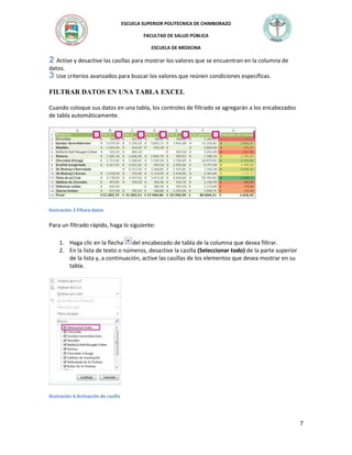 ESCUELA SUPERIOR POLITECNICA DE CHIMBORAZO
FACULTAD DE SALUD PÚBLICA
ESCUELA DE MEDICINA

Active y desactive las casillas para mostrar los valores que se encuentran en la columna de
datos.
Use criterios avanzados para buscar los valores que reúnen condiciones específicas.

FILTRAR DATOS EN UNA TABLA EXCEL
Cuando coloque sus datos en una tabla, los controles de filtrado se agregarán a los encabezados
de tabla automáticamente.

Ilustración 3.Filtara datos

Para un filtrado rápido, haga lo siguiente:
1. Haga clic en la flecha del encabezado de tabla de la columna que desea filtrar.
2. En la lista de texto o números, desactive la casilla (Seleccionar todo) de la parte superior
de la lista y, a continuación, active las casillas de los elementos que desea mostrar en su
tabla.

Ilustración 4.Activación de casilla

7

 