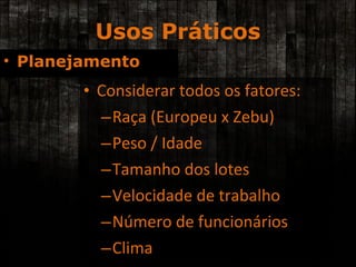 Usos Práticos Considerar todos os fatores: Raça (Europeu x Zebu) Peso / Idade  Tamanho dos lotes Velocidade de trabalho Número de funcionários Clima Planejamento 