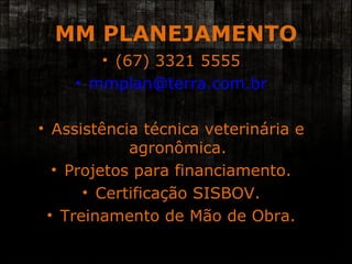 MM PLANEJAMENTO (67) 3321 5555 [email_address] Assistência técnica veterinária e agronômica. Projetos para financiamento. Certificação SISBOV. Treinamento de Mão de Obra. 