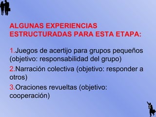 ALGUNAS EXPERIENCIAS
ESTRUCTURADAS PARA ESTA ETAPA:
1.Juegos de acertijo para grupos pequeños
(objetivo: responsabilidad del grupo)
2.Narración colectiva (objetivo: responder a
otros)
3.Oraciones revueltas (objetivo:
cooperación)
 