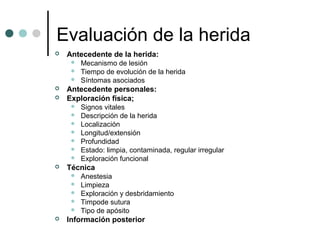 Evaluación de la herida
 Antecedente de la herida:
 Mecanismo de lesión
 Tiempo de evolución de la herida
 Síntomas asociados
 Antecedente personales:
 Exploración física;
 Signos vitales
 Descripción de la herida
 Localización
 Longitud/extensión
 Profundidad
 Estado: limpia, contaminada, regular irregular
 Exploración funcional
 Técnica
 Anestesia
 Limpieza
 Exploración y desbridamiento
 Timpode sutura
 Tipo de apósito
 Información posterior
 