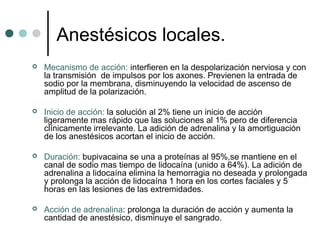 Anestésicos locales.
 Mecanismo de acción: interfieren en la despolarización nerviosa y con
la transmisión de impulsos por los axones. Previenen la entrada de
sodio por la membrana, disminuyendo la velocidad de ascenso de
amplitud de la polarización.
 Inicio de acción: la solución al 2% tiene un inicio de acción
ligeramente mas rápido que las soluciones al 1% pero de diferencia
clínicamente irrelevante. La adición de adrenalina y la amortiguación
de los anestésicos acortan el inicio de acción.
 Duración: bupivacaina se una a proteínas al 95%,se mantiene en el
canal de sodio mas tiempo de lidocaína (unido a 64%). La adición de
adrenalina a lidocaína elimina la hemorragia no deseada y prolongada
y prolonga la acción de lidocaína 1 hora en los cortes faciales y 5
horas en las lesiones de las extremidades.
 Acción de adrenalina: prolonga la duración de acción y aumenta la
cantidad de anestésico, disminuye el sangrado.
 