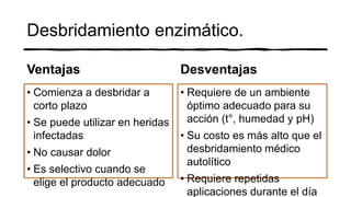 Desbridamiento enzimático.
Ventajas
• Comienza a desbridar a
corto plazo
• Se puede utilizar en heridas
infectadas
• No causar dolor
• Es selectivo cuando se
elige el producto adecuado
Desventajas
• Requiere de un ambiente
óptimo adecuado para su
acción (t°, humedad y pH)
• Su costo es más alto que el
desbridamiento médico
autolítico
• Requiere repetidas
aplicaciones durante el día
 
