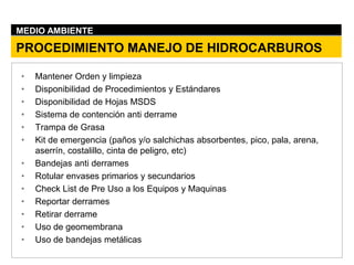 PROCEDIMIENTO MANEJO DE HIDROCARBUROS
• Mantener Orden y limpieza
• Disponibilidad de Procedimientos y Estándares
• Disponibilidad de Hojas MSDS
• Sistema de contención anti derrame
• Trampa de Grasa
• Kit de emergencia (paños y/o salchichas absorbentes, pico, pala, arena,
aserrín, costalillo, cinta de peligro, etc)
• Bandejas anti derrames
• Rotular envases primarios y secundarios
• Check List de Pre Uso a los Equipos y Maquinas
• Reportar derrames
• Retirar derrame
• Uso de geomembrana
• Uso de bandejas metálicas
MEDIO AMBIENTE
 