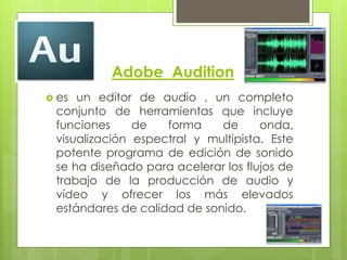 Adobe Audition 
 es un editor de audio , un completo 
conjunto de herramientas que incluye 
funciones de forma de onda, 
visualización espectral y multipista. Este 
potente programa de edición de sonido 
se ha diseñado para acelerar los flujos de 
trabajo de la producción de audio y 
vídeo y ofrecer los más elevados 
estándares de calidad de sonido. 
 