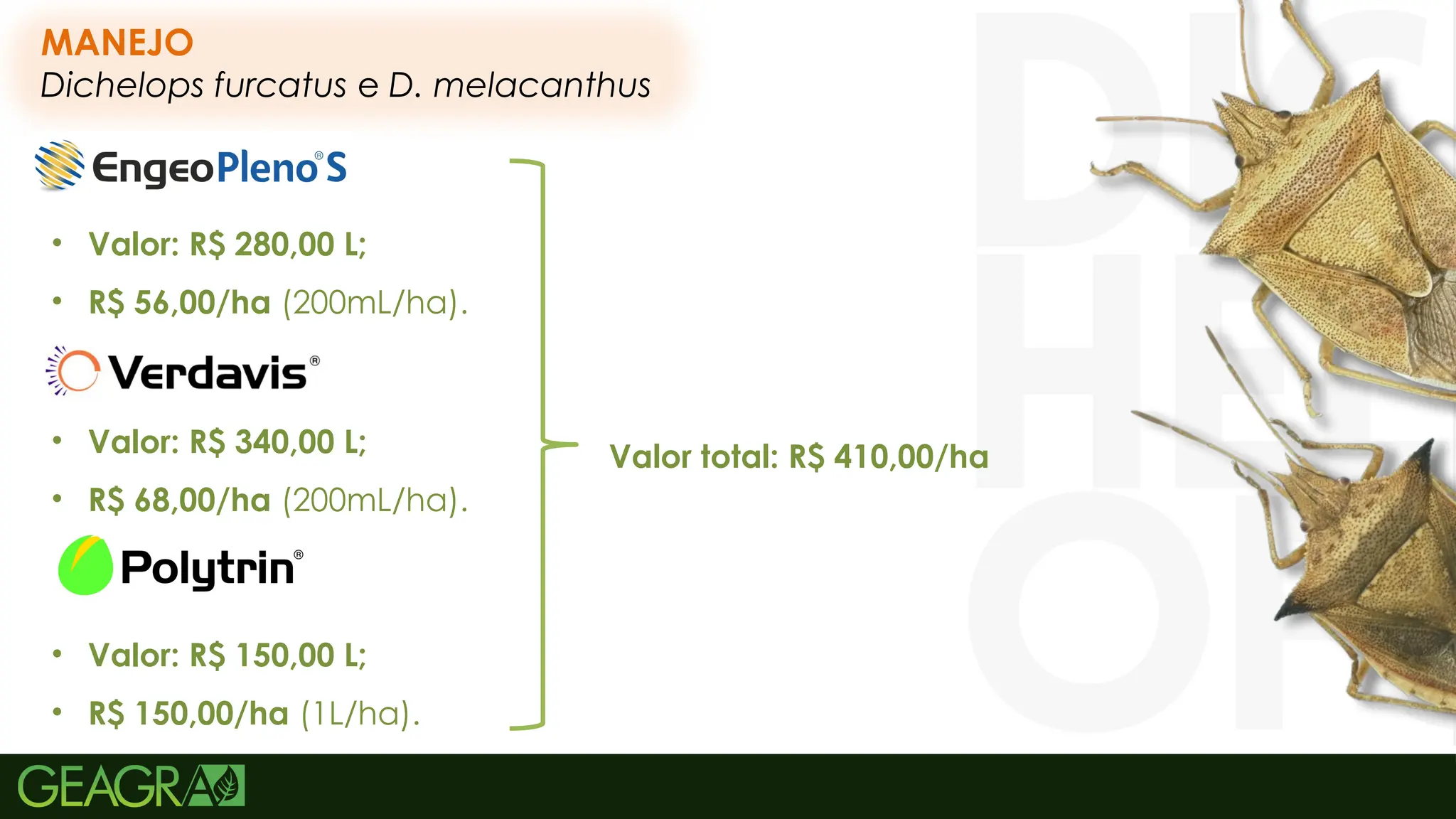 52
MANEJO
Dichelops furcatus e D. melacanthus
• Valor: R$ 280,00 L;
• R$ 56,00/ha (200mL/ha).
• Valor: R$ 340,00 L;
• R$ 68,00/ha (200mL/ha).
• Valor: R$ 150,00 L;
• R$ 150,00/ha (1L/ha).
Valor total: R$ 410,00/ha
 