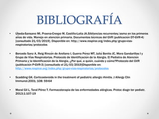 BIBLIOGRAFÍA
• Úbeda-Sansano MI, Praena-Crespo M, Castillo-Laita JA.Sibilancias recurrentes/asma en los primeros
años de vida. Manejo en atención primaria. Documentos técnicos del GVR (publicación DT-GVR-4)
[consultado 21/03/2019]. Disponible en: http://www.respirar.org/index.php/grupo-vias-
respiratorias/protocolos
• Bercedo Sanz A, Reig Rincón de Arellano I, Guerra Pérez MT, Juliá Benito JC, Mora Gandarillas I y
Grupo de Vías Respiratorias. Protocolo de Identificación de la Alergia. El Pediatra de Atención
Primaria y la Identificación de la Alergia, ¿Por qué, a quién, cuándo y cómo?Protocolo del GVR
(publicación P-GVR-3) [consultado el 21/03/2019]Disponible en:
http://www.respirar.org/index.php/grupo-vias-respiratorias/protocolos
• Scadding GK. Corticosteroids in the treatment of pediatric allergic rhinitis. J Allergy Clin
Immunol.2001; 108: 59-64
• Moral Gil L, Toral Pérez T. Farmacoterapia de las enfermedades alérgicas. Protoc diagn ter pediatr.
2013;1:107-19
 