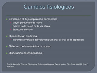  Limitación al flujo espiratorio aumentada
• Mayor producción de moco
• Edema de la pared de la vía aérea
• Broncoconstricción
 Hiperinflación dinámica
• Incremento variable del volumen pulmonar al final de la espiración
 Deterioro de la mecánica muscular
 Disociación neuromecánica
The Biology of a Chronic Obstructive Pulmonary Disease Exacerbation. Clin Chest Med 28 (2007)
525–536
 