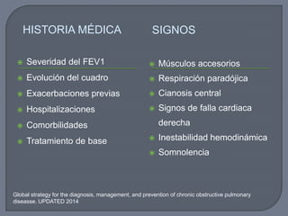 HISTORIA MÉDICA SIGNOS
 Severidad del FEV1
 Evolución del cuadro
 Exacerbaciones previas
 Hospitalizaciones
 Comorbilidades
 Tratamiento de base
 Músculos accesorios
 Respiración paradójica
 Cianosis central
 Signos de falla cardiaca
derecha
 Inestabilidad hemodinámica
 Somnolencia
Global strategy for the diagnosis, management, and prevention of chronic obstructive pulmonary
diseasse. UPDATED 2014
 