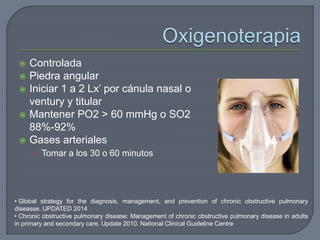  Controlada
 Piedra angular
 Iniciar 1 a 2 Lx’ por cánula nasal o
ventury y titular
 Mantener PO2 > 60 mmHg o SO2
88%-92%
 Gases arteriales
• Tomar a los 30 o 60 minutos
• Global strategy for the diagnosis, management, and prevention of chronic obstructive pulmonary
diseasse. UPDATED 2014
• Chronic obstructive pulmonary disease: Management of chronic obstructive pulmonary disease in adults
in primary and secondary care. Update 2010. National Clinical Guideline Centre
 