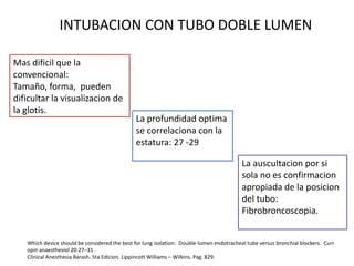 INTUBACION CON TUBO DOBLE LUMEN

Mas dificil que la
convencional:
Tamaño, forma, pueden
dificultar la visualizacion de
la glotis.
                                               La profundidad optima
                                               se correlaciona con la
                                               estatura: 27 -29

                                                                                          La auscultacion por si
                                                                                          sola no es confirmacion
                                                                                          apropiada de la posicion
                                                                                          del tubo:
                                                                                          Fibrobroncoscopia.


   Which device should be considered the best for lung isolation: Double-lumen endotracheal tube versus bronchial blockers. Curr
   opin anaesthesiol 20:27–31 .
   Clinical Anesthesia Barash. 5ta Edicion. Lippincott Williams – Wilkins. Pag. 829.
 