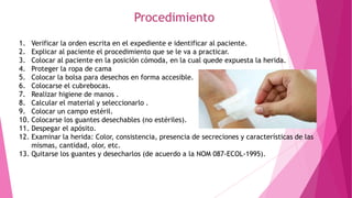 Procedimiento
1. Verificar la orden escrita en el expediente e identificar al paciente.
2. Explicar al paciente el procedimiento que se le va a practicar.
3. Colocar al paciente en la posición cómoda, en la cual quede expuesta la herida.
4. Proteger la ropa de cama
5. Colocar la bolsa para desechos en forma accesible.
6. Colocarse el cubrebocas.
7. Realizar higiene de manos .
8. Calcular el material y seleccionarlo .
9. Colocar un campo estéril.
10. Colocarse los guantes desechables (no estériles).
11. Despegar el apósito.
12. Examinar la herida: Color, consistencia, presencia de secreciones y características de las
mismas, cantidad, olor, etc.
13. Quitarse los guantes y desecharlos (de acuerdo a la NOM 087-ECOL-1995).
 