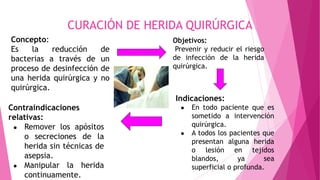 CURACIÓN DE HERIDA QUIRÚRGICA
Concepto:
Es la reducción de
bacterias a través de un
proceso de desinfección de
una herida quirúrgica y no
quirúrgica.
Objetivos:
Prevenir y reducir el riesgo
de infección de la herida
quirúrgica.
Indicaciones:
● En todo paciente que es
sometido a intervención
quirúrgica.
● A todos los pacientes que
presentan alguna herida
o lesión en tejidos
blandos, ya sea
superficial o profunda.
Contraindicaciones
relativas:
● Remover los apósitos
o secreciones de la
herida sin técnicas de
asepsia.
● Manipular la herida
continuamente.
 