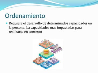 Ordenamiento
 Requiere el desarrollo de determinados capacidades en
la persona. La capacidades mas impactadas para
realizarse en contexto
 