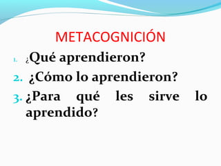METACOGNICIÓN
1. ¿Qué aprendieron?
2. ¿Cómo lo aprendieron?
3. ¿Para qué les sirve lo
aprendido?
 