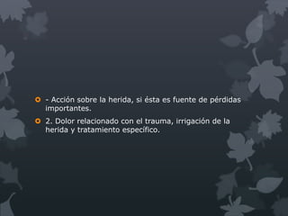  - Acción sobre la herida, si ésta es fuente de pérdidas
  importantes.
 2. Dolor relacionado con el trauma, irrigación de la
  herida y tratamiento específico.
 