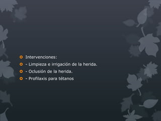  Intervenciones:
 - Limpieza e irrigación de la herida.
 - Oclusión de la herida.
 - Profilaxis para tétanos
 