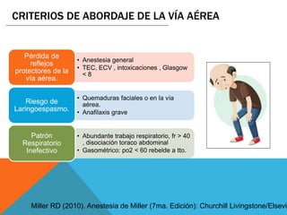 • Anestesia general
• TEC, ECV , intoxicaciones , Glasgow
< 8
Pérdida de
reflejos
protectores de la
vía aérea.
• Quemaduras faciales o en la vía
aérea.
• Anafilaxis grave
Riesgo de
Laringoespasmo.
• Abundante trabajo respiratorio, fr > 40
, disociación toraco abdominal
• Gasométrico: po2 < 60 rebelde a tto.
Patrón
Respiratorio
Inefectivo
CRITERIOS DE ABORDAJE DE LA VÍA AÉREA
Miller RD (2010). Anestesia de Miller (7ma. Edición): Churchill Livingstone/Elsevie
 