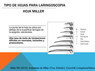 La punta de la hoja se ubica por
debajo de la superficie laríngea de
la epiglotis, elevándola.
Alta tasa de éxito de intubaciones
difíciles en neonatos, lactantes y
preescolares.
TIPO DE HOJAS PARA LARINGOSCOPIA
HOJA MILLER
Miller RD (2010). Anestesia de Miller (7ma. Edición): Churchill Livingstone/Elsevie
 