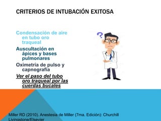 CRITERIOS DE INTUBACIÓN EXITOSA
Condensación de aire
en tubo oro
traqueal
Auscultación en
ápices y bases
pulmonares
Oximetría de pulso y
capnografia
Ver el paso del tubo
oro traqueal por las
cuerdas bucales
Miller RD (2010). Anestesia de Miller (7ma. Edición): Churchill
Livingstone/Elsevier
 