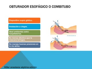 OBTURADOR ESOFÁGICO O COMBITUBO
Dispositivo supra glótico.
Intubación a ciegas.
Ideal ambientes extra
hospitalarios.
Es menos efectivo que la
mascara laríngea.
No maneja buenas presiones en
la vía aérea.
Miller anestesia séptima edición
 
