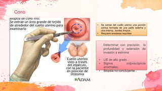 Cono
Determinar con precisión la
profundidad y extensión de
invasión a estroma
• LIE de alto grado .
• Signos colposcópicos
anormales .
• Biopsia no concluyente .
• Se extrae del cuello uterino una porción
cónica formada de una parte externa y
otra interna., bordes limpios .
• Requiere anestesia raquídea
 