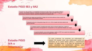 Estadio FIGO IB3 y IIA2
Tumores son más grandes y la probabilidad de factores de alto riesgo como ganglios linfáticos
positivos, parametrios positivos o márgenes quirúrgicos positivos que aumentan el riesgo de
recurrencia y requieren radiación adyuvante después de la cirugía es alta.
Otros factores de riesgo que aumentan el riesgo de recurrencia pélvica incluso cuando los
ganglios no están comprometidos incluyen:
El diámetro del tumor más grande mayor de 4 cm, LVSI e invasión del tercio externo del
estroma cervical.
La irradiación pélvica completa adyuvante reduce la tasa de falla local y mejora la
supervivencia libre de progresión en comparación con los pacientes tratados con cirugía
sola.
La quimiorradiación concurrente basada en platino (CCRT) es la opción de tratamiento
preferida para las lesiones en estadio IB3 a IIA2.
Estadio FIGO
IVA o
recurrencia
En raras ocasiones, los pacientes con enfermedad en
estadio IVA pueden tener solo enfermedad central sin
afectación de la pared lateral pélvica o diseminación
distante. En tales casos, o en caso de recurrencia, se
puede considerar la exenteración pélvica, pero
generalmente tiene un pronóstico desfavorable
 