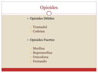Opioides
 Opioides Débiles
 Tramadol
 Codeina
 Opioides Fuertes
 Morfina
 Buprenorfina
 Oxicodona
 Fentanilo
 