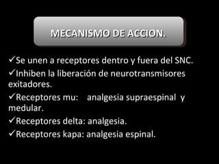MECANISMO DE ACCION. Se unen a receptores dentro y fuera del SNC. Inhiben la liberación de neurotransmisores exitadores. Receptores mu:  analgesia supraespinal  y medular. Receptores delta: analgesia. Receptores kapa: analgesia espinal. 