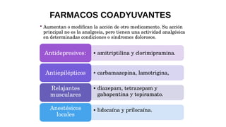  Aumentan o modifican la acción de otro medicamento. Su acción
principal no es la analgesia, pero tienen una actividad analgésica
en determinadas condiciones o síndromes dolorosos.
• amitriptilina y clorimipramina.
Antidepresivos:
• carbamazepina, lamotrigina,
• diazepam, tetrazepam y
gabapentina y topiramato.
• lidocaína y prilocaína.
Antiepilépticos
Relajantes
musculares
Anestésicos
locales
FARMACOS COADYUVANTES
 